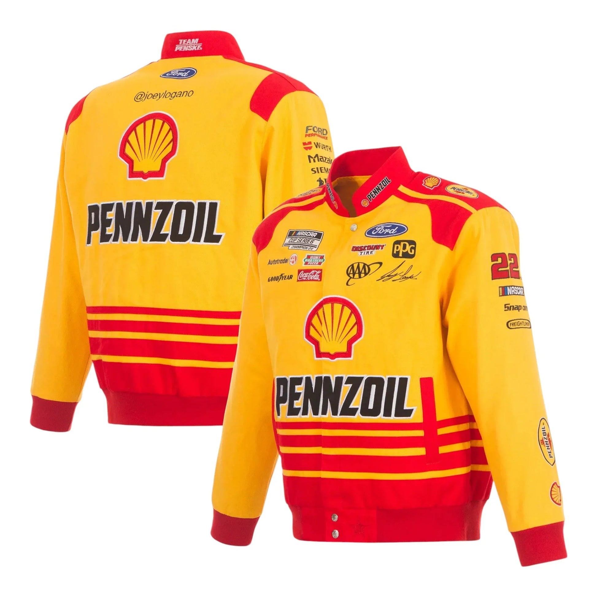 Men's Joey Logano JH Design Yellow Shell Pennzoil Twill Driver Uniform Full-Snap Jacket - F1 Vintage Racewear