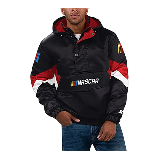 Men's NASCAR Starter Black Home Team Satin Half-Zip Hoodie Jacket - F1 Vintage Racewear