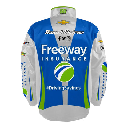 Men's Daniel Suarez Trackhouse Racing Team Collection Black Freeway Insurance Nylon Uniform Full-Snap Jacket - F1 Vintage Racewear
