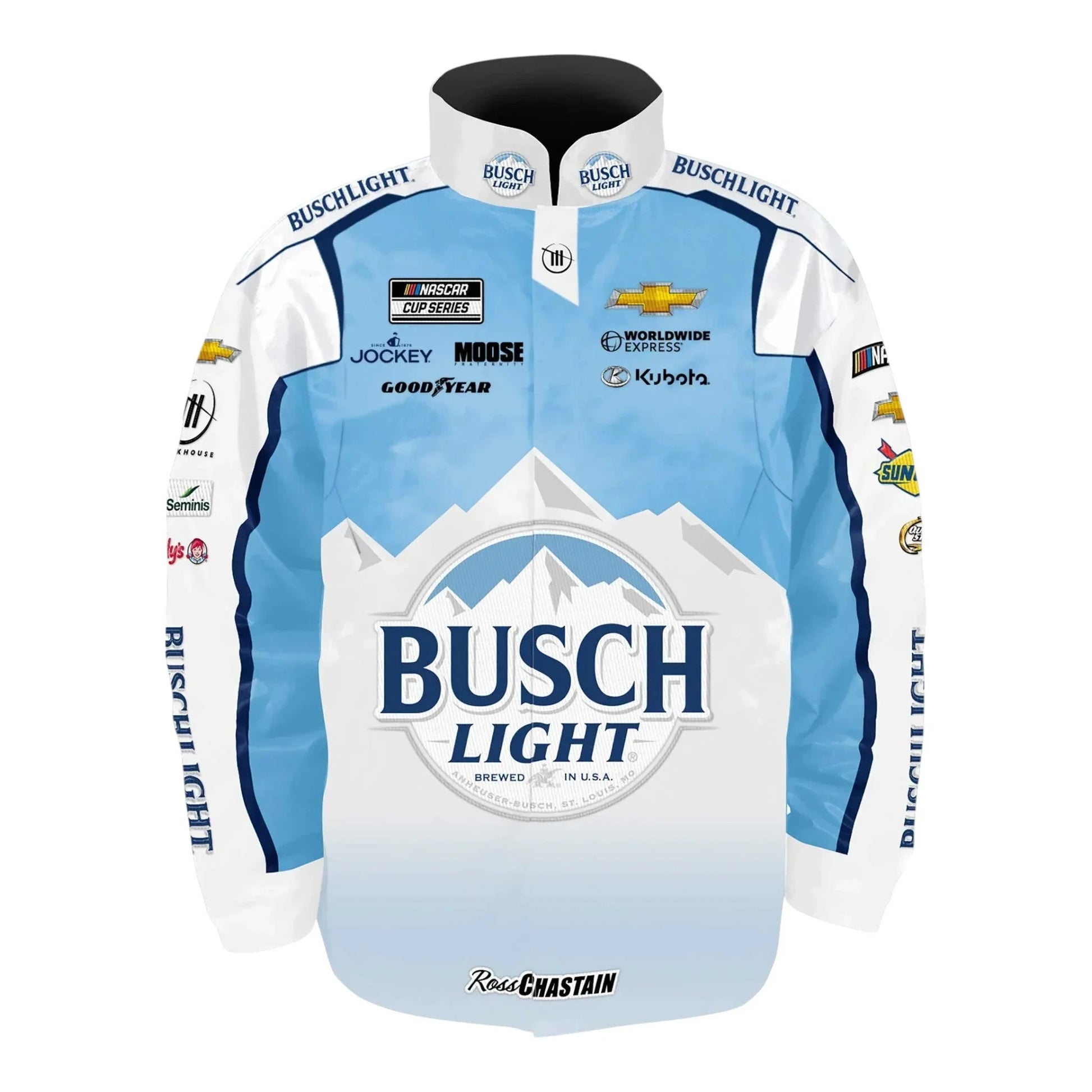 Men's Ross Chastain Trackhouse Racing Team Collection White Busch Light Nylon Uniform Full-Snap Jacket - F1 Vintage Racewear
