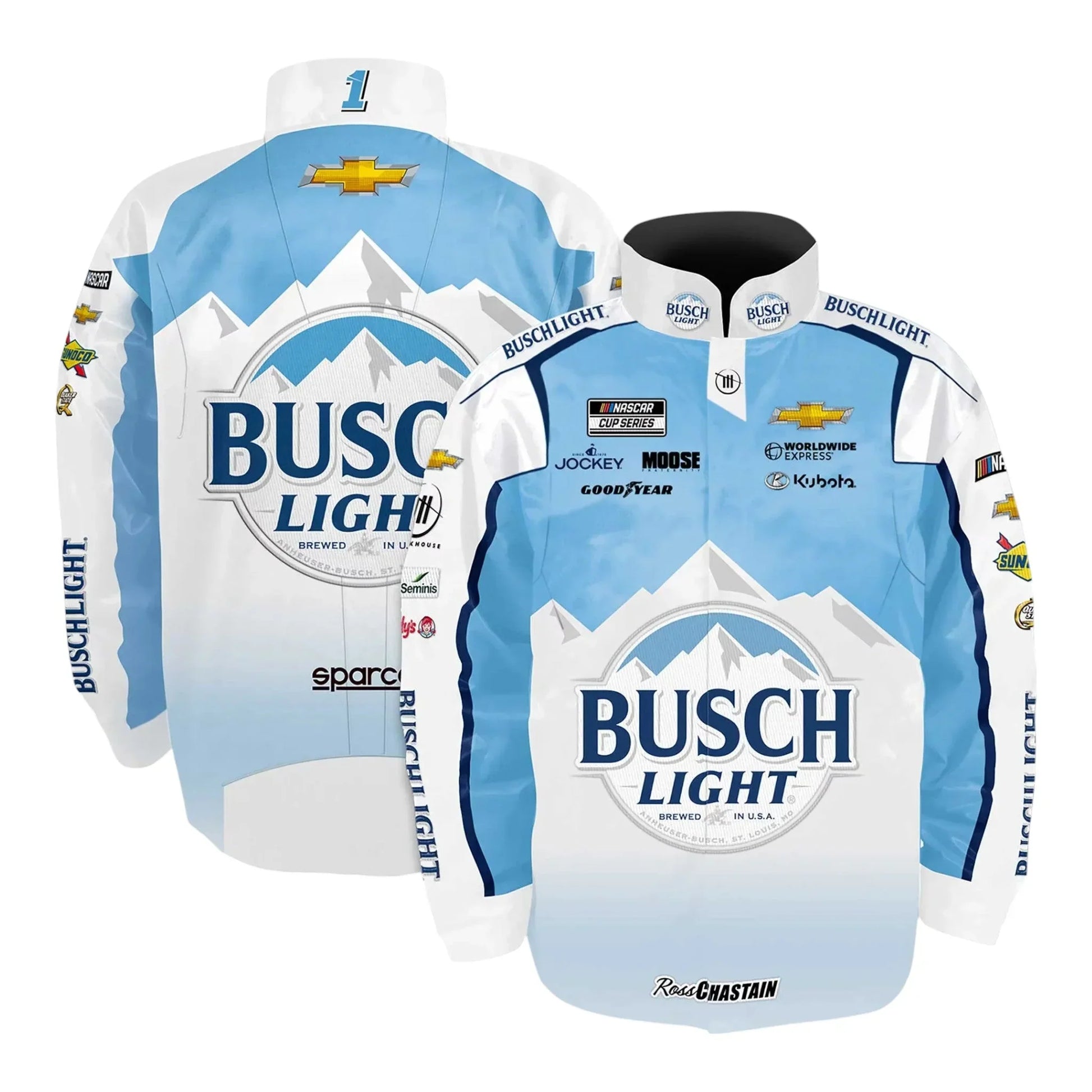 Men's Ross Chastain Trackhouse Racing Team Collection White Busch Light Nylon Uniform Full-Snap Jacket - F1 Vintage Racewear