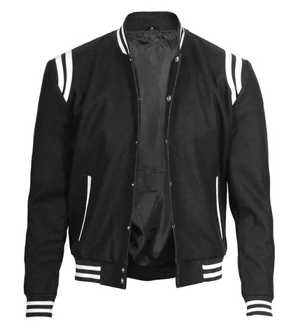 Mens Wool Black Varsity Jacket with White Detailing | Letterman Style - F1 Vintage Racewear