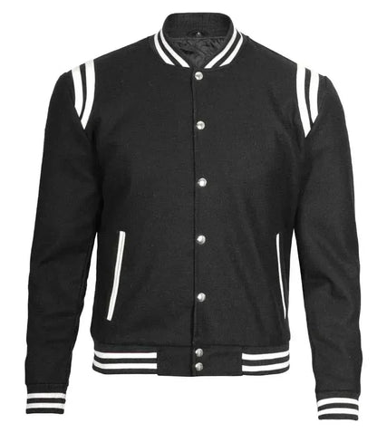 Mens Wool Black Varsity Jacket with White Detailing | Letterman Style - F1 Vintage Racewear