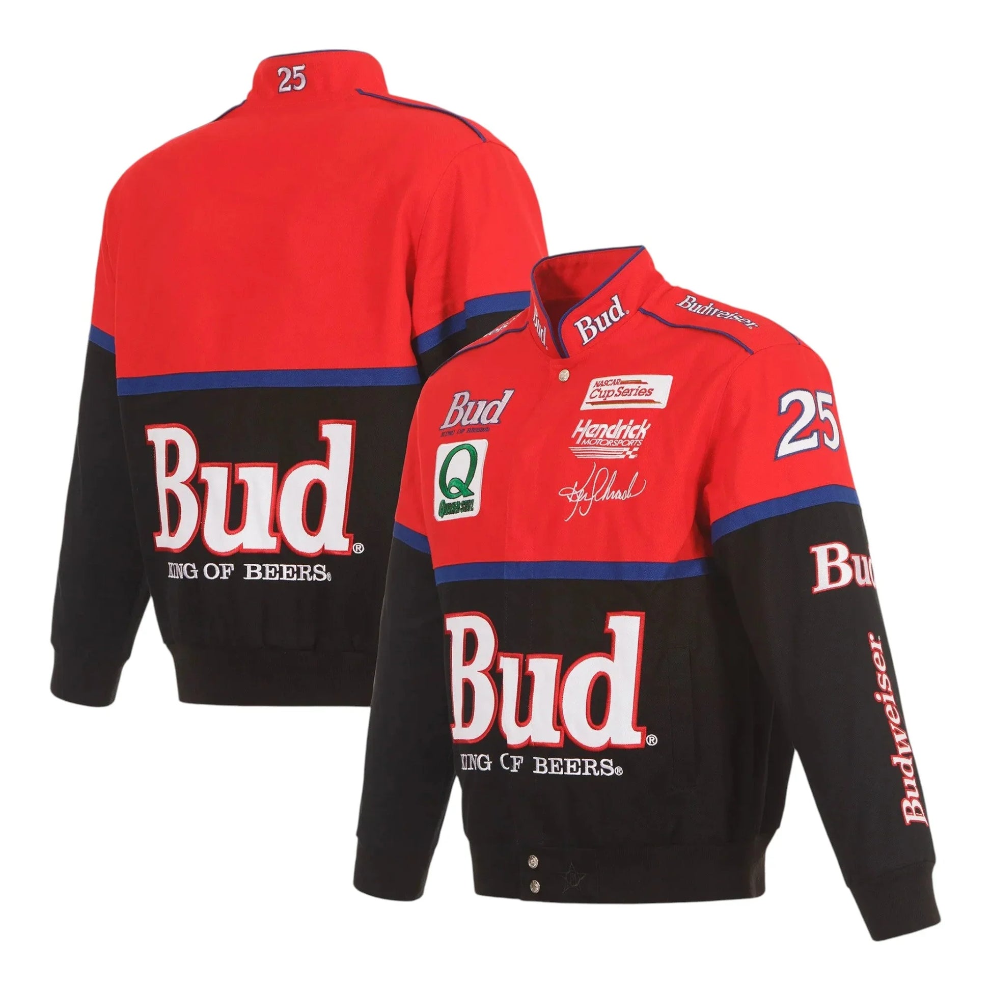Men's Ken Schrader JH Design Black/Red Bud King of Beers Twill Driver Uniform Full-Snap Jacket - F1 Vintage Racewear