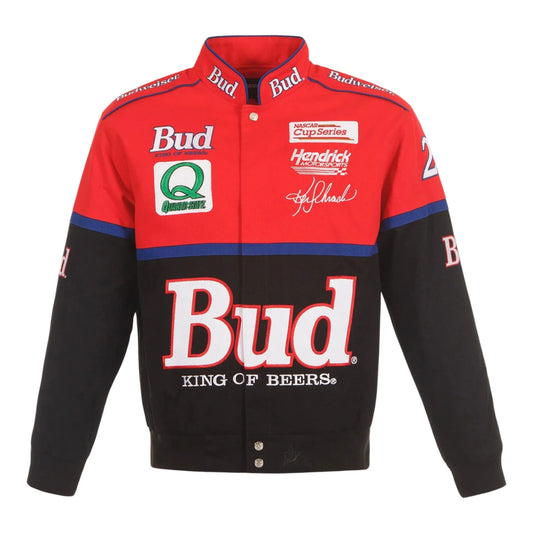 Men's Ken Schrader JH Design Black/Red Bud King of Beers Twill Driver Uniform Full-Snap Jacket - F1 Vintage Racewear