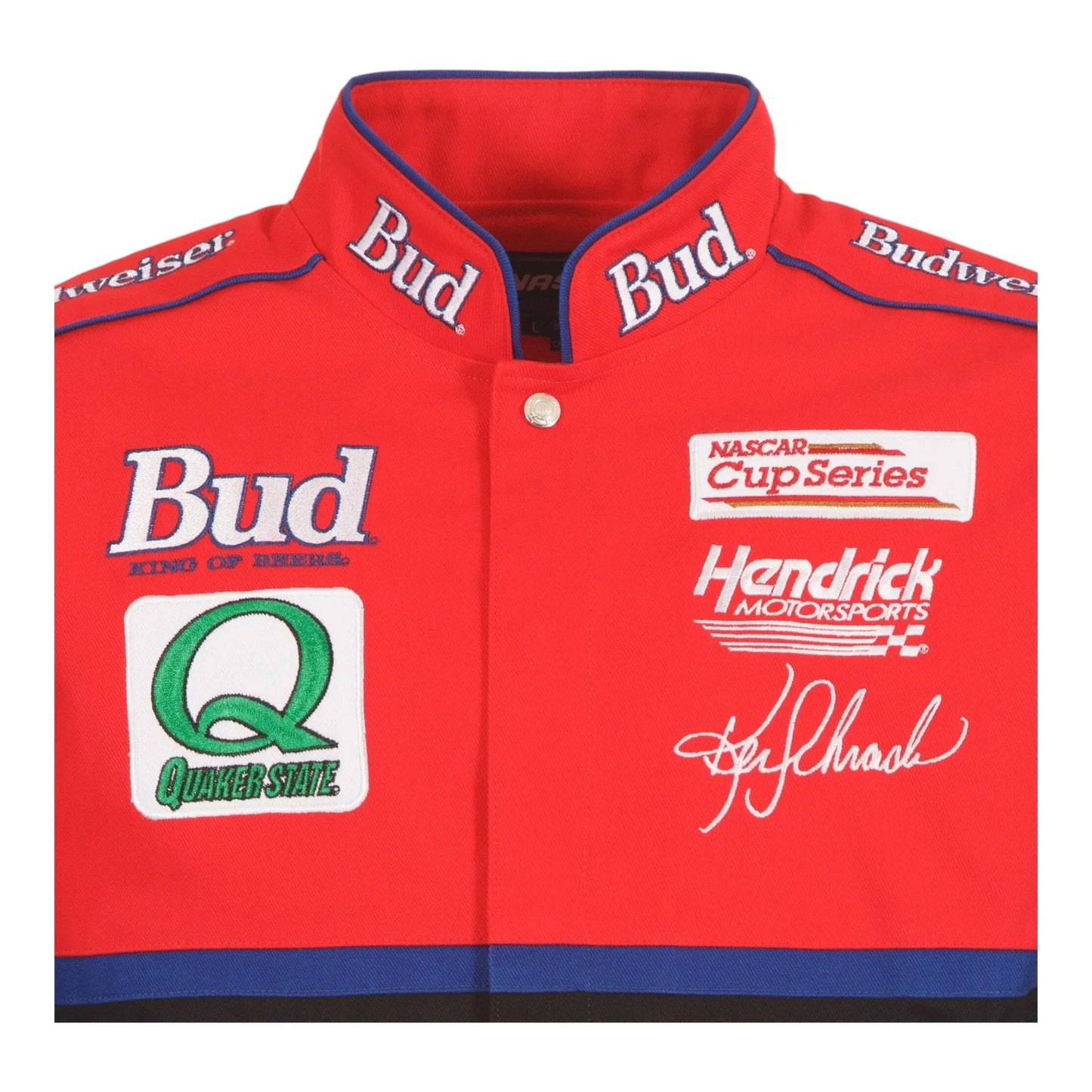 Men's Ken Schrader JH Design Black/Red Bud King of Beers Twill Driver Uniform Full-Snap Jacket - F1 Vintage Racewear