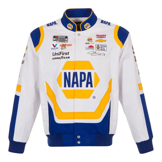 Men's Chase Elliott JH Design White/Royal NAPA Twill Driver Uniform Full-Snap Jacket - F1 Vintage Racewear