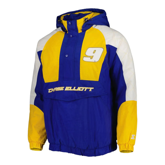 Men's Chase Elliott Starter Royal/Yellow The Body Check Half-Snap Pullover Jacket - F1 Vintage Racewear